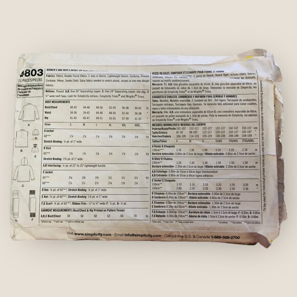 Vintage Simplicity Sewing Pattern 4803 Unisex Jacket Vest Hats Scarf Size XL-XXX - Picture 2 of 2